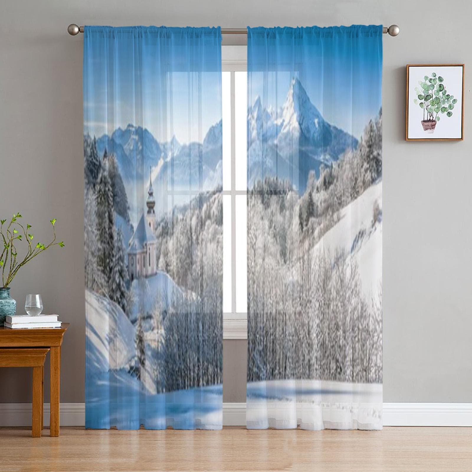 Winter Landscape In The Bavarian Alps Chiffon Sheer Curtains for Living Room Bedroom Window Curtain Voiles Tulle Cortinas 135W x 114H(cm)