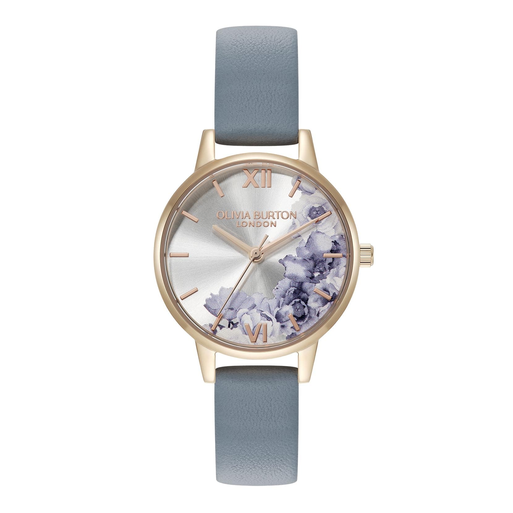Authorized Dealer Olivia Burton Watch 24000227 Illustrated Floral Midi Ivory Rose Gold Chalk Blue Leather [OLIVIA BURTON] Women's