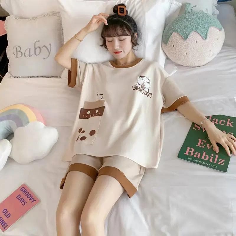 2PCS/Set Large Size Girl Korean Version Short-Sleeved Pajamas Student Princess Wind Sweet Kawaii Women's Sleepwear Homewear M
