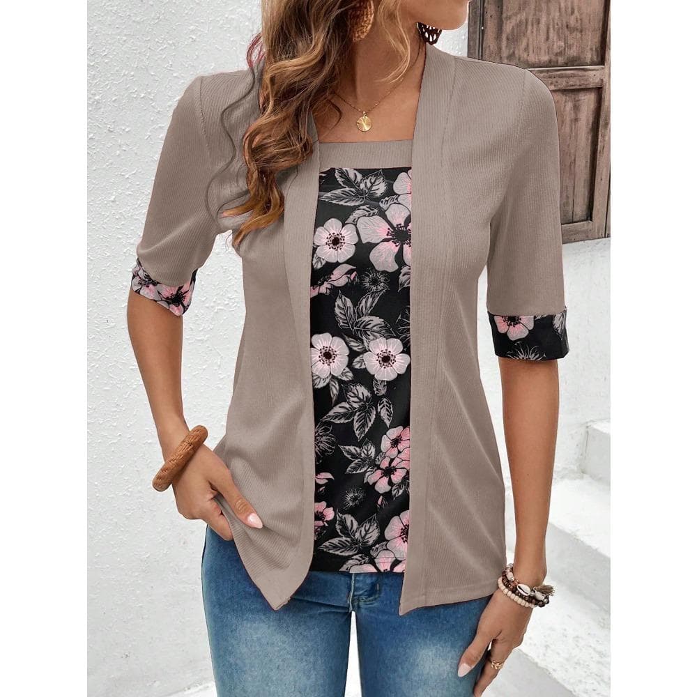 Summer Autumn Women's T-Shirts Fake Two-piece Five Quarter Sleeve Printed Women's Top Vintage T-Shirt 5XL khaki