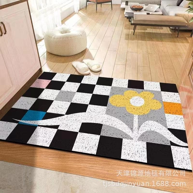 Household Floor Mat, Doorstep Mat, Silk Ring, Black and White Checkerboard Carpet, Doorstep, Shoe Change, Anti-slip Mat 40*60