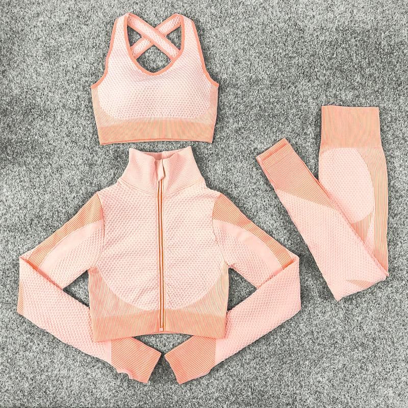 3PCS Seamless Women Yoga Set Workout Sportswear Gym Clothing Fitness Long Sleeve Crop Top High Waist Leggings Sports Suits L