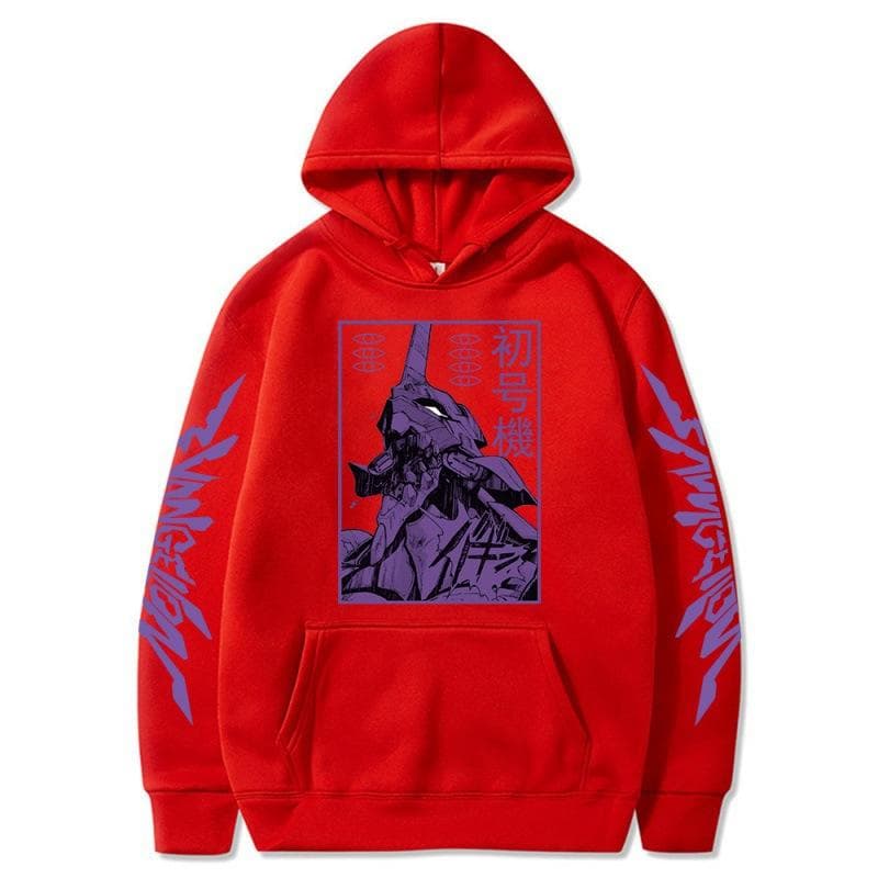 Men Hoodies Anime Evangelion Graphic EVA-00 PROTO TYPE Unisex Oversize Long Sleeve Pullover Sweatshirts Harajuku Streetwear Tops M red