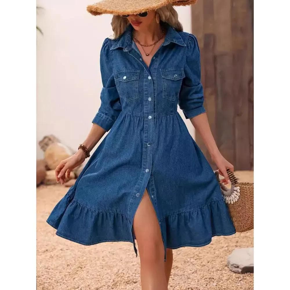 Spring Summer Ruffles Women Blue Denim Dress Elegant Button Shirt Midi Dress Female Casual Dresses Robe Femme XXXL blue