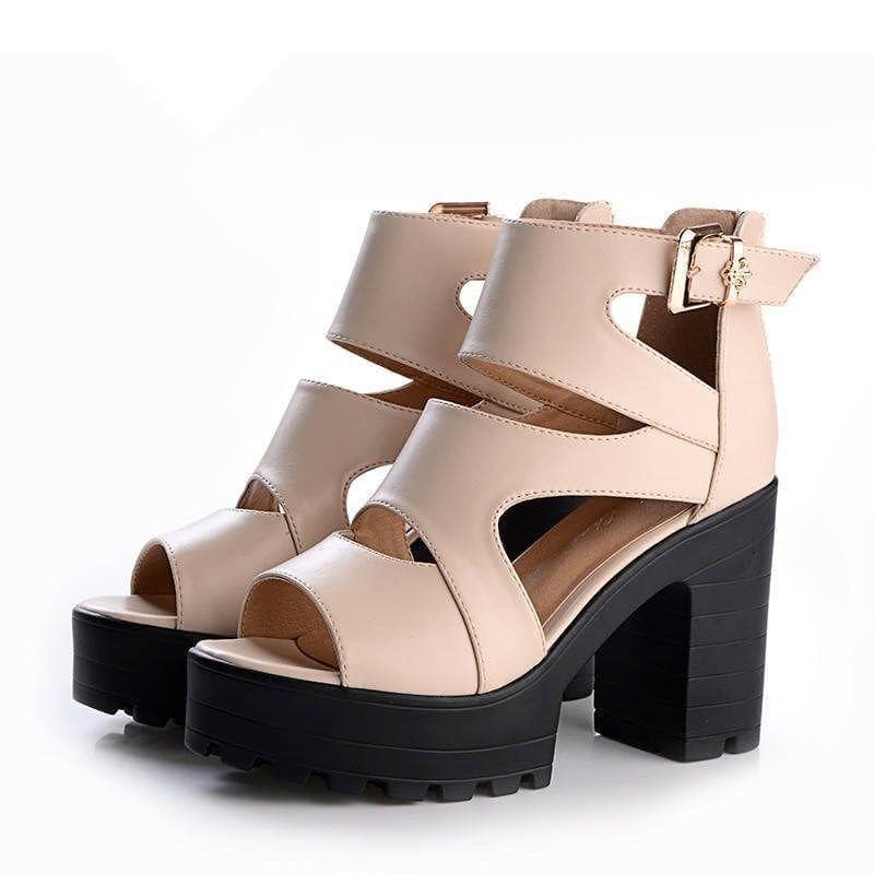Women Thick Sole Boots Fish Mouth Women's High Heel Hollow Roman Sandals 35 apricot