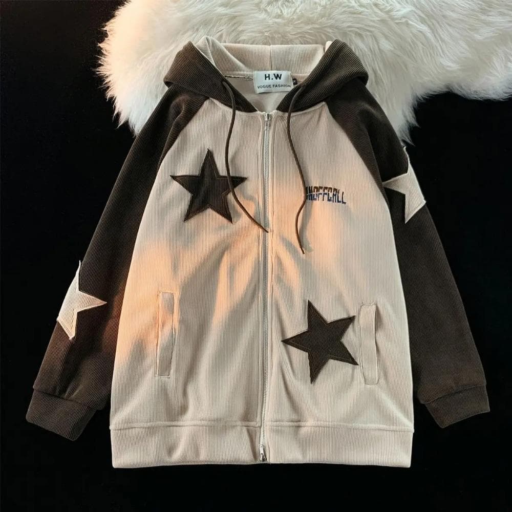 American Retro Star Patch Designs Zipper Hoodie Women New Street Popular Joker Sweatshirt Unisex Stitching Loose Casual Top M brown