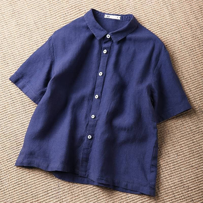 Summer Linen Thin Style Solid Color Retro Short Sleeved Shirt Top Women's Suit Collar Short Style Small Versatile Blouses & Shirts L blue