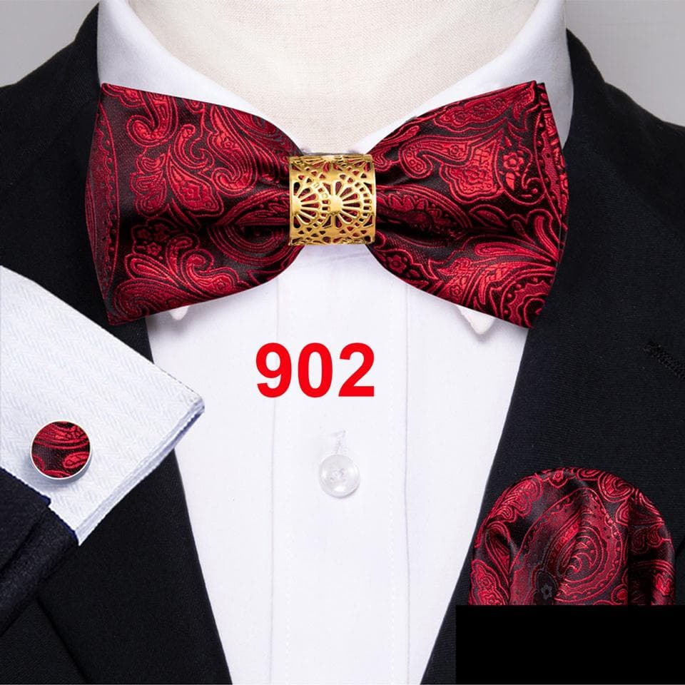 Barry.Wang Bowtie for Men Paisley Plaids Silk Pretied Bowtie Hanky Cufflinks Set LH-0902