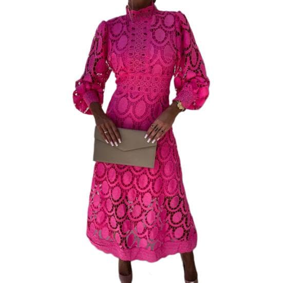 Women Dress Hollow Out Lace Stand Collar Bubble Sleeve Tight Waist See-through Double-layer Ankle Length Solid Color OL Commute Maxi Dress S rose red
