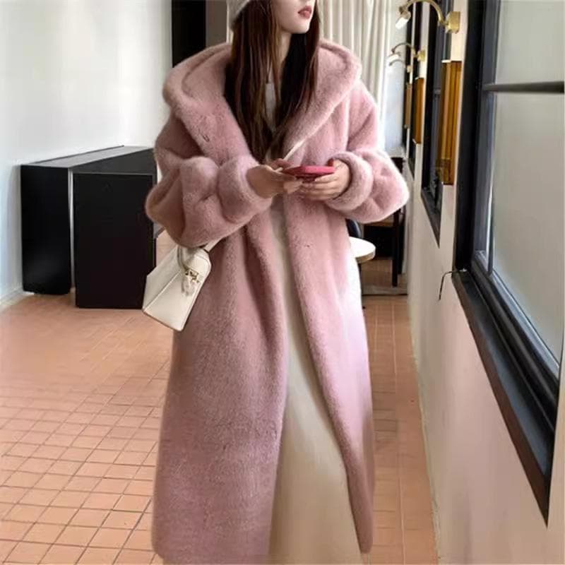 New Imitation Velvet Mink Coat Fur One-piece Women's Winter Hooded Eco-friendly Fur Coat S