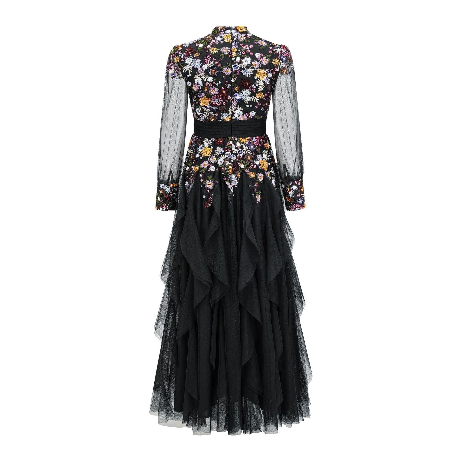Dress Crew Neck Exquisite Flower High Waist Long Dress Annual Meeting Gala Banquet Dress Women's Clothing M black