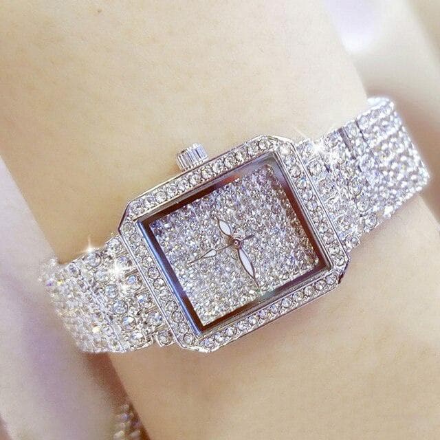 Full Diamond Quartz Women Silver Watches Luxury Brand Crystal Square Female Wristwatch Rhinestone Ladies Clock watch silver