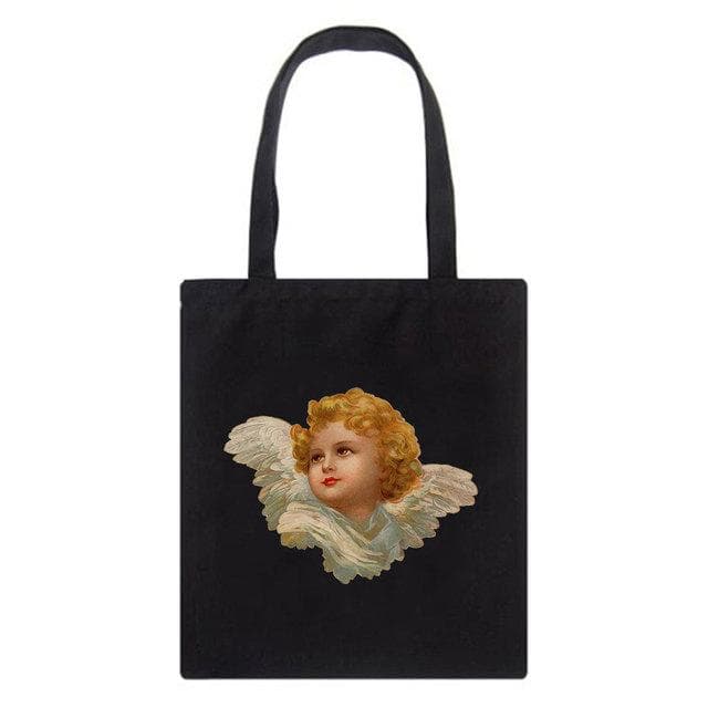 Fiorucci Letter Angel Cartoon Casual Vintage Large-capacity Fashion Harajuku Canvas Bag Hip Hop Shopping Bag Women Shoulder Bags 34*42cm
