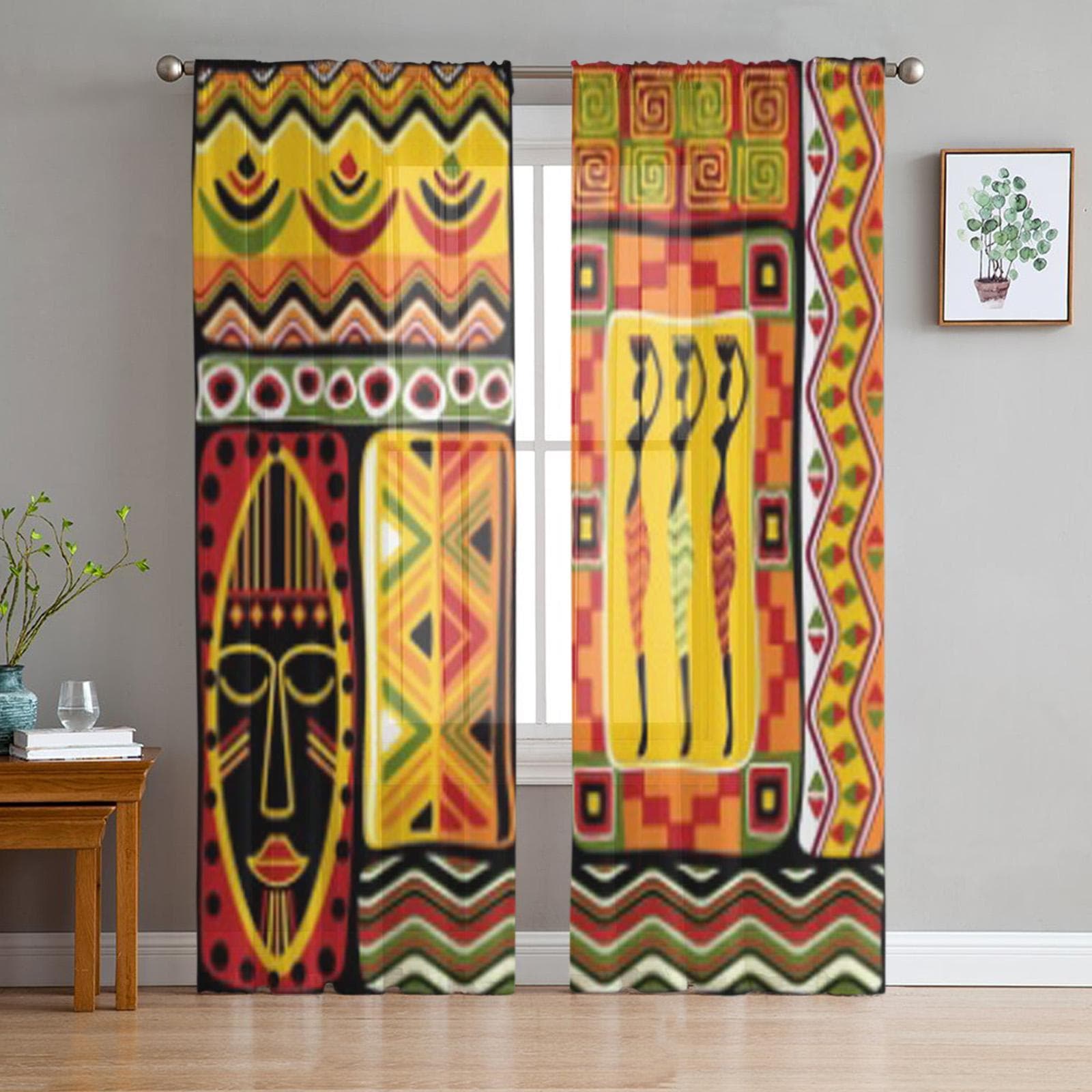 African Elements Sheer Curtains for Living Room Transparent Tulle Window Treatments Bedroom Kitchen Home Decor Veil Drapes 135W x 114H(cm)