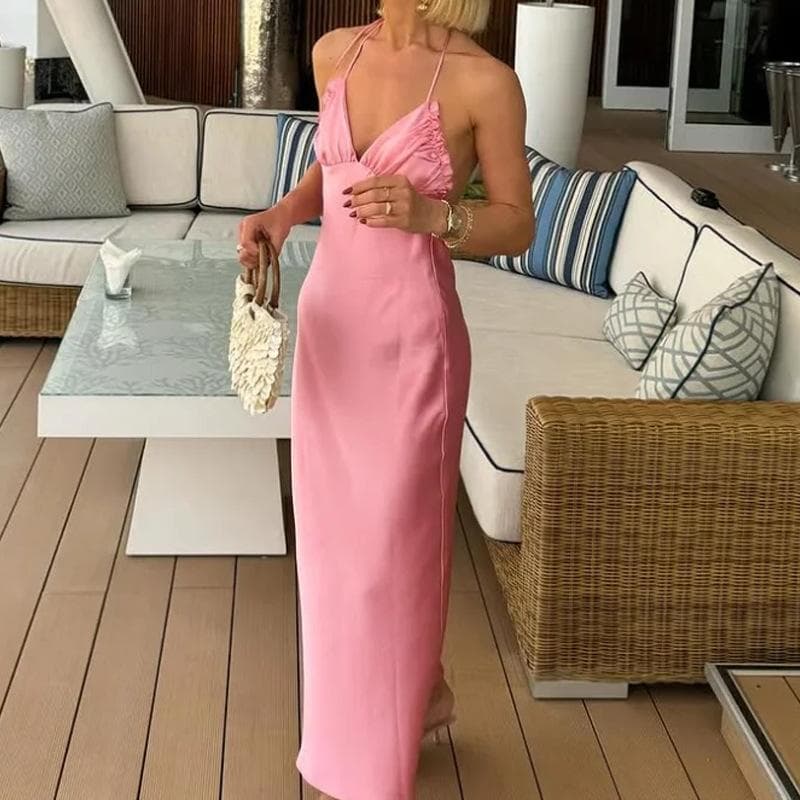 New Spring Women's Halter Neck V-neck Sleeveless Backless Silk Satin Texture Dress S pink