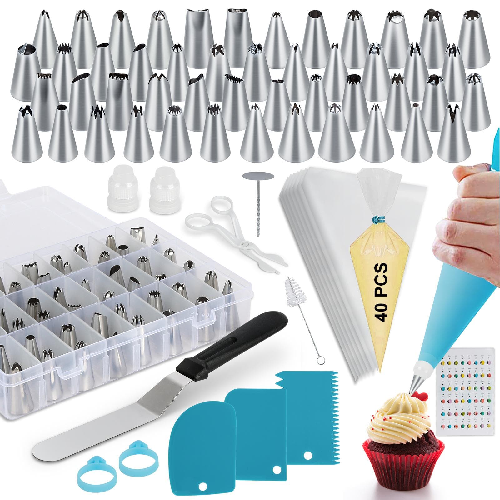 100PCS Cake Decorating Supplies Kit with 48 Icing Tips 40 Disposable Bags 2 Bag Ties 1 Silicon Bag blue
