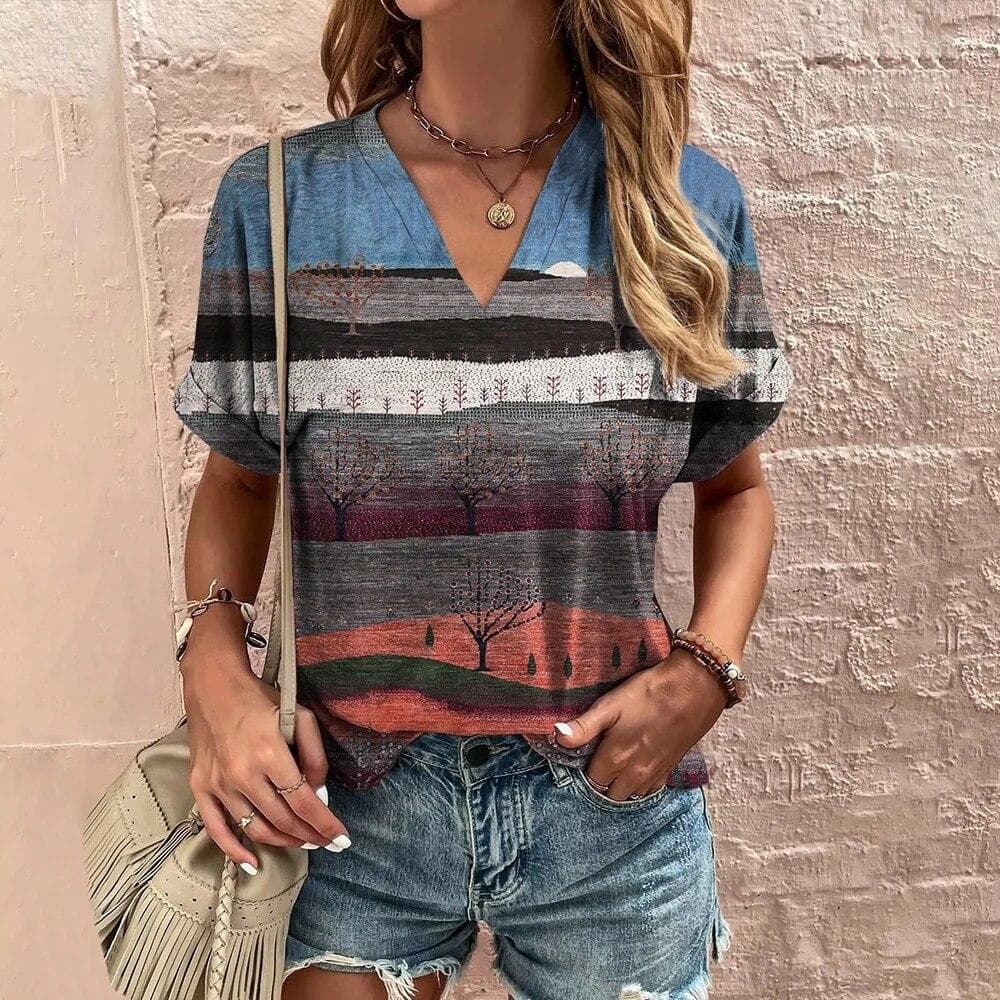 Retro Women's T-Shirt Summer V-Neck Short Sleeve Tee Casual Harajuku Stripe Print T Shirt for Women Streetwear Pullover Tops New 8XL