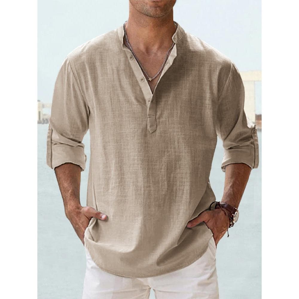 Men's Shirt Cotton and Linen Henley Collar Shirts for Men Casual Hawaiian Vacation Long Sleeve Beach Tops US M 60-70 KG khaki