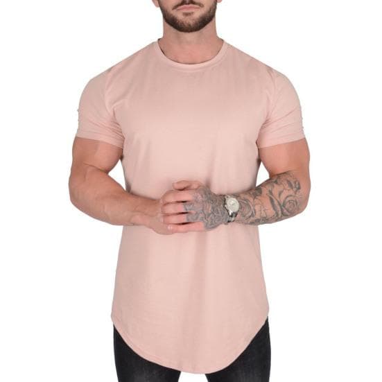 Men Shirt Top Round Neck Short Sleeve Solid Color Design Soft Breathable Regular Fit Casual Sports Fitness Shirt Daily Wear XL pink