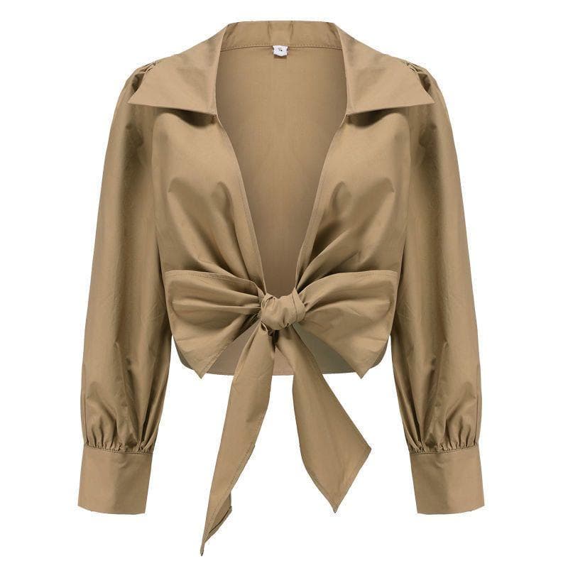 Wind Sexy Cross V-neck Tie Lantern Sleeve Shirt Women's High Waist Short Lapel Top XL khaki