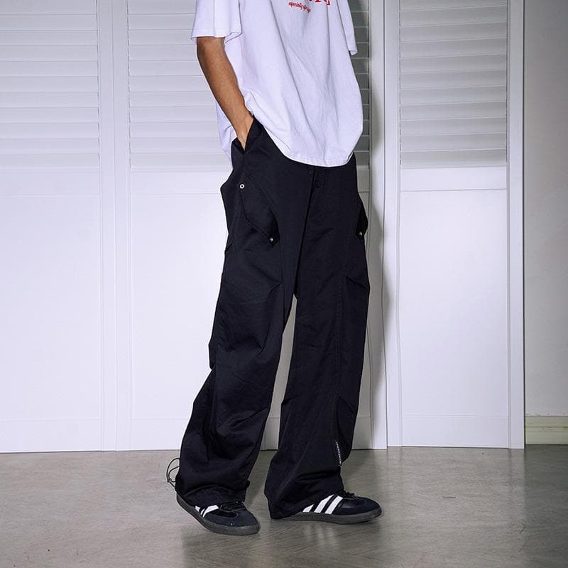 Retro Deconstruction Design Irregular Line Pleated Loose Work Clothes Casual Pants Men's Summer Straight Paratrooper Pants 3XL