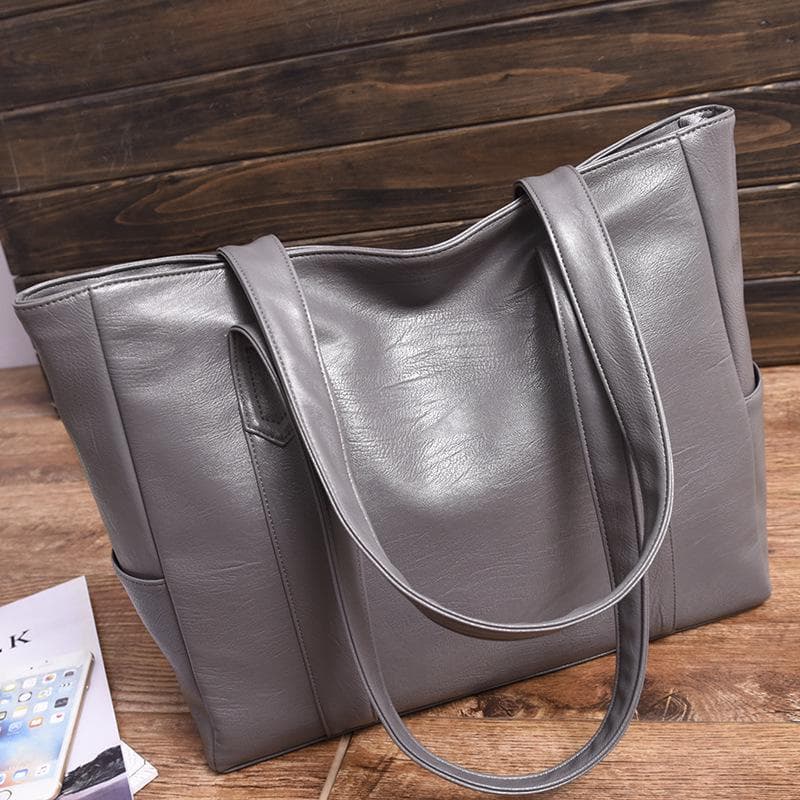 1 Pcs Fashion Women Solid Color Shoulder Bag Soft Pu Leather Commute Large Capacity Casual Tote Handbag for Female grey
