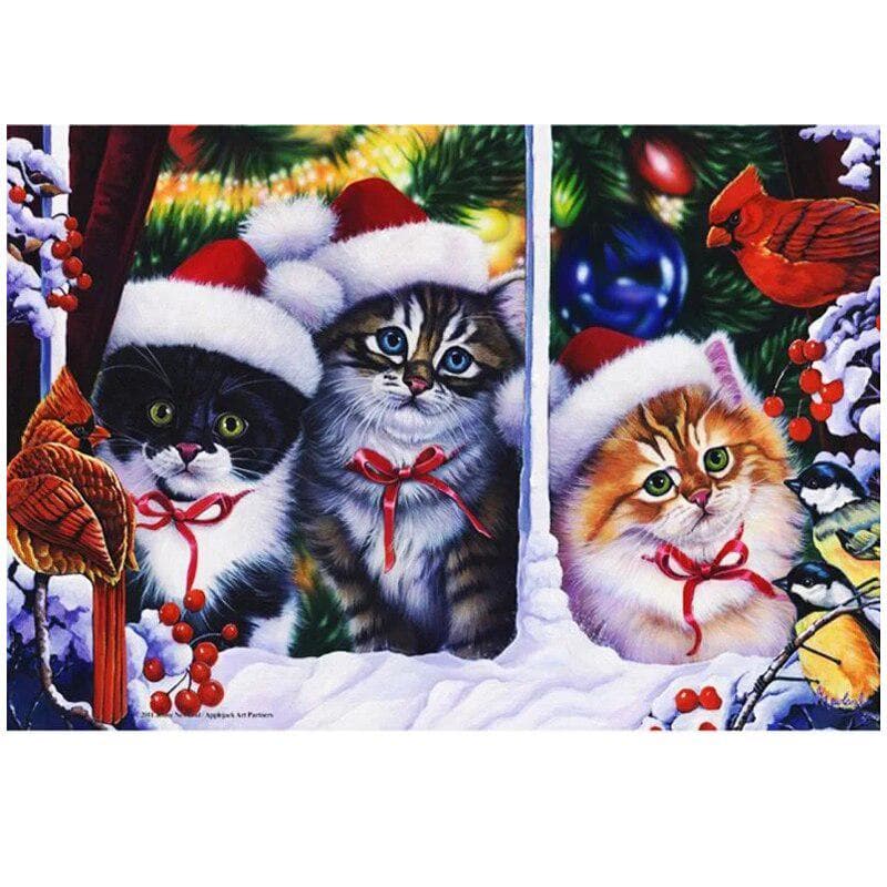 Christmas Cat Happy New Year Full Round Drill Cartoon Picture of Rhinestones 5d Diydiamond Painting 20X30CM