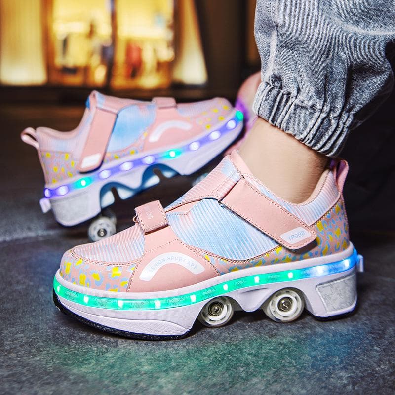 Big Four-wheel Colorful Flashing Lights Charging Runaway Shoes Children's Pulley Shoes Youth Skates Deformed Wheel Shoes 40