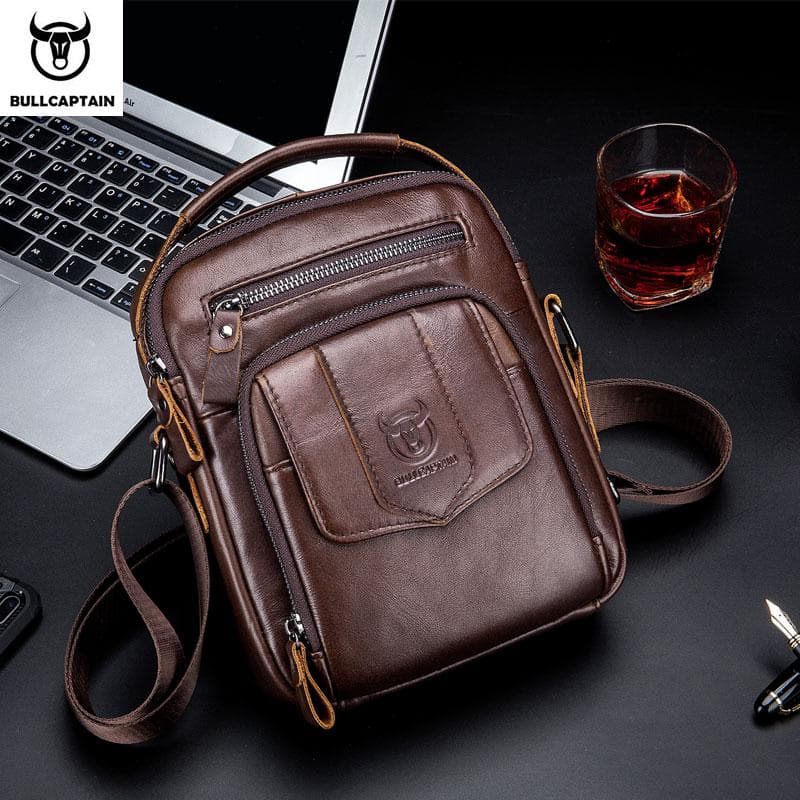 BULLCAPTAIN 100% Genuine Leather Men's Shoulder Bag Messenger Bags Business Men's High Quality Bag coffee