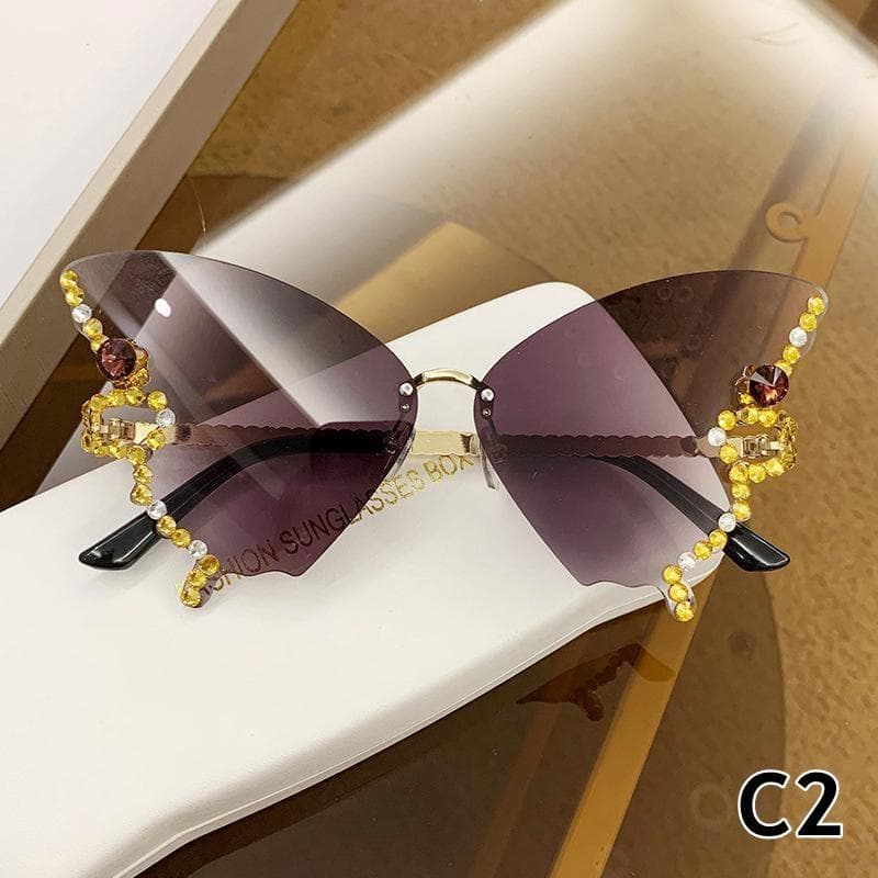 Diamond Butterfly Sunglasses Women Vintage Rimless Oversized Cat Eye Gradient Sun Glasses Ladies Eyewear black