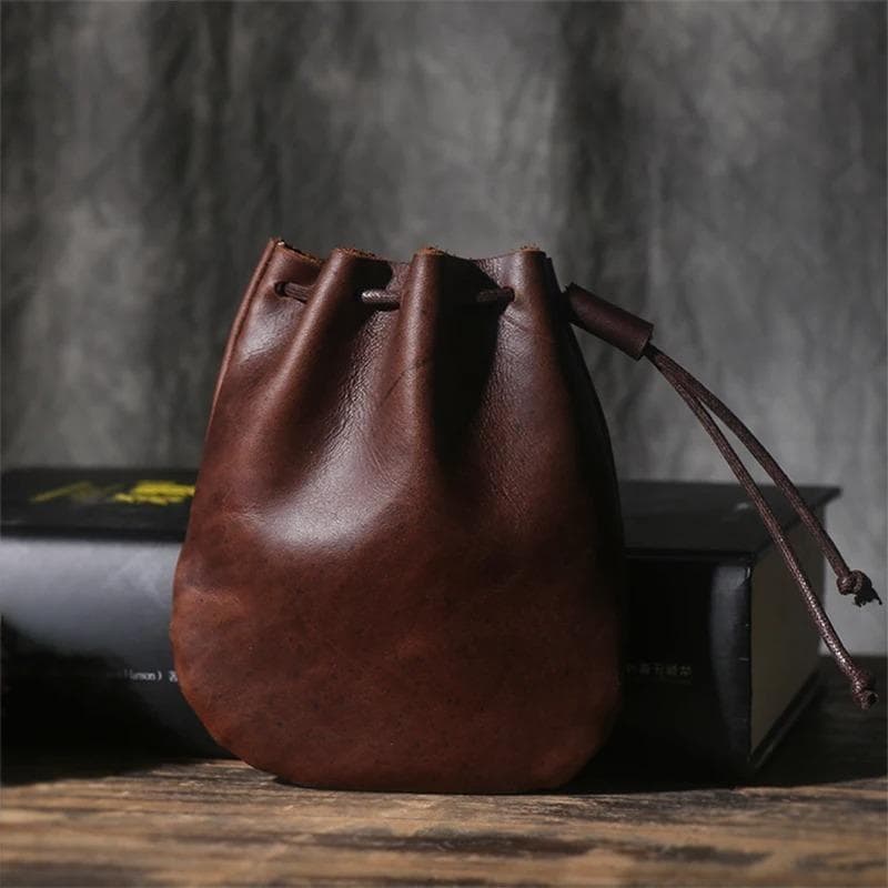 Men's Genuine Leather Coin Purse Simple Vintage Small Card Bag Women's Cowhide Wallet Keys Money Drawstring Storage Bags coffee