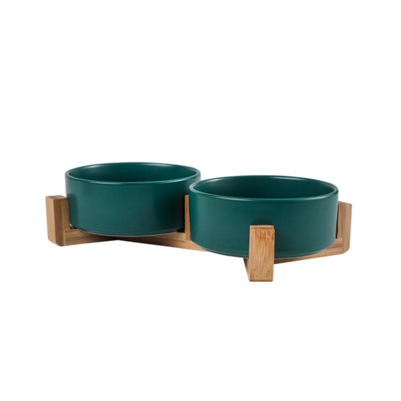 Ceramic Pet Bowl Dish With Wood Stand No Spill Pet Ceramic Double Bowl For Dog Cat Food Water Feeder Cats Small Dogs Pet bowl green