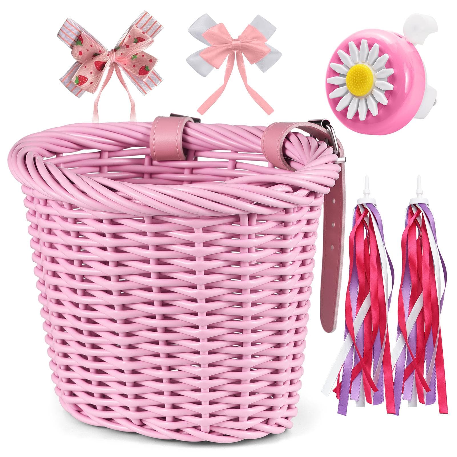 Kid s Bike Basket for Girls Front Bike Accessories with Handlebar Streamers Cycling Ages 313 pink