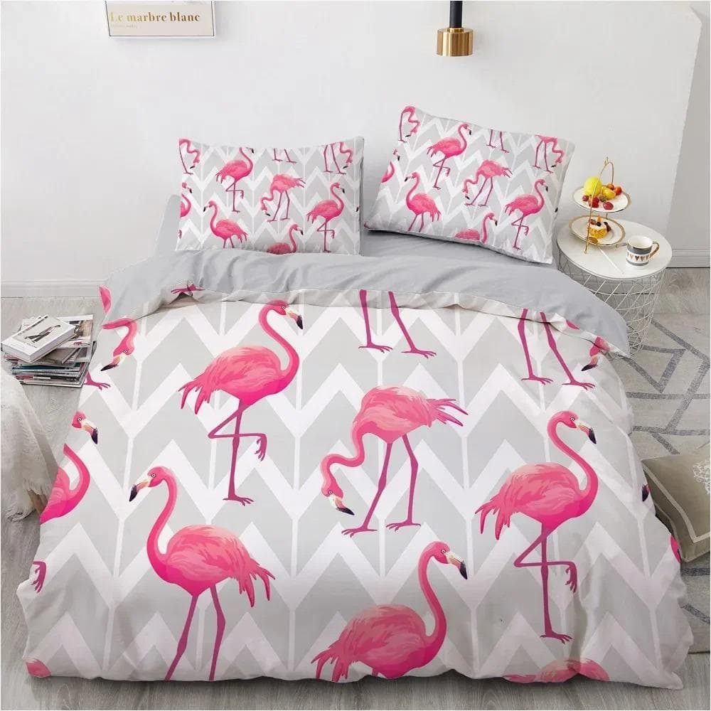 Flamingo Duvet Cover King Queen 3D Pink Animal Bedding Set for Kids Teens Adults Watercolor Style Quilt Cover with Pillowcase EU Single 135x200cm