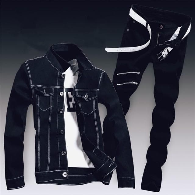 Spring Mens Denim Two Piece Set Hole Ripped Slim Fit Jacket Jeans Sets Male Casual Vintage Ropa Hombre Cargo Suit Streetwear S
