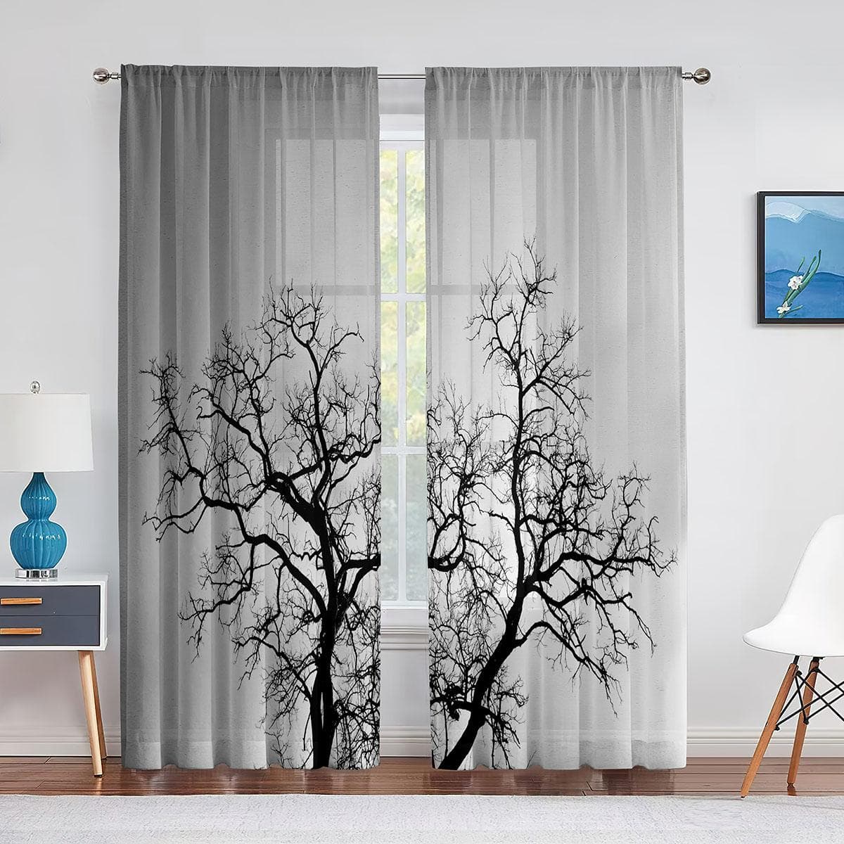 Tree Branches Print Grey Tulle Voile Curtains for Bedroom Window Curtain for Living Room Sheer Curtains Blinds Organza Drapes 1 PCS W100XH250cm&Grommet Top