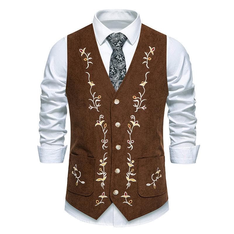 Men's Autumn and Winter Men's Fashion Color Matching Embroidery Single-breasted Suit Vest Corduroy Vest Men L dark brown