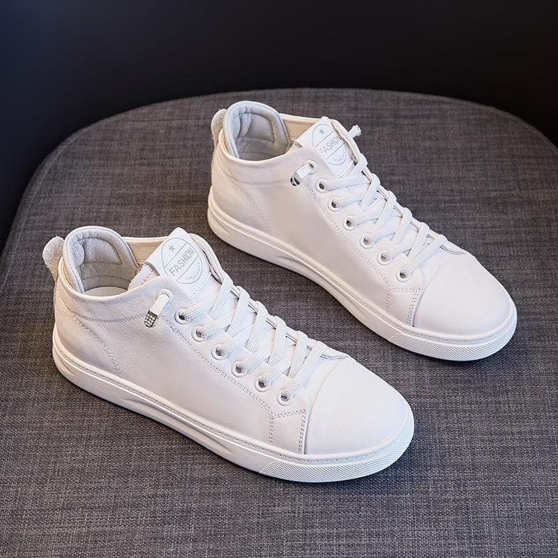 Top Layer Cowhide High-top Genuine Leather Small White Shoes for Women In New All-match Flat Bottom Casual Korean Style Sneakers for Women 35