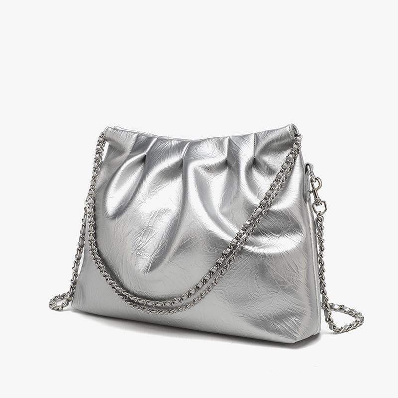 Bag Women's Spring Fashion Simple Chain Wandering Bag Large Capacity Pleated Tote Bag Shoulder Bag silver