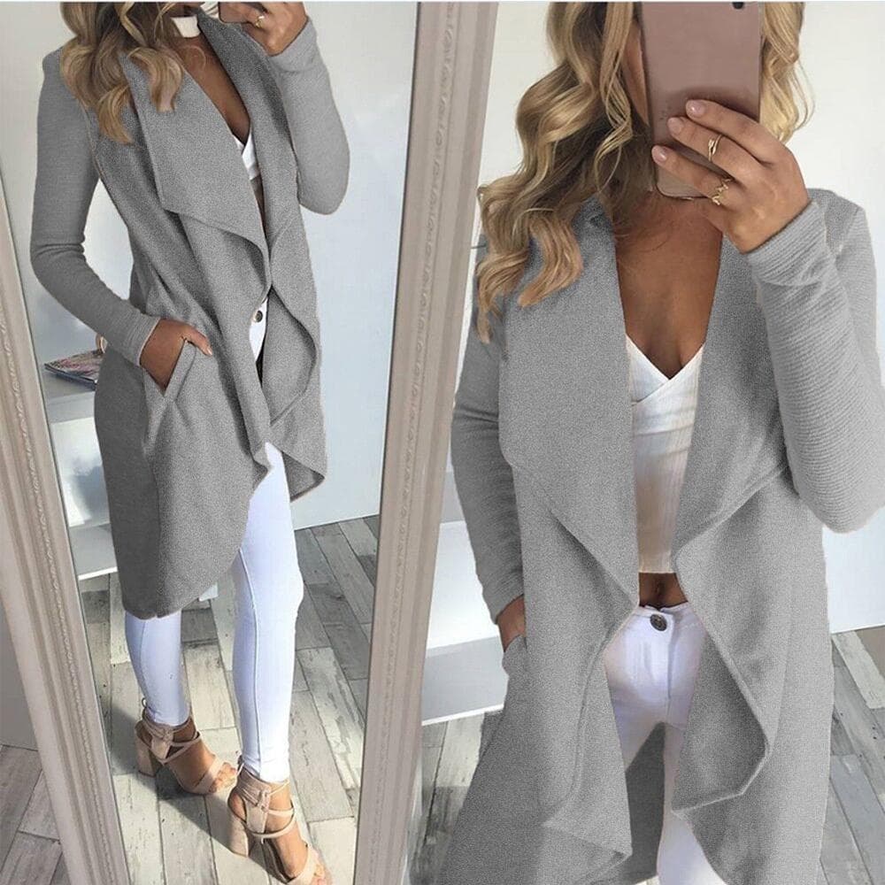 Autumn Women Trenchcoat Solid Cardigan Windbreaker Outerwear Asymmetric Lapel Collar Jacket M cool grey