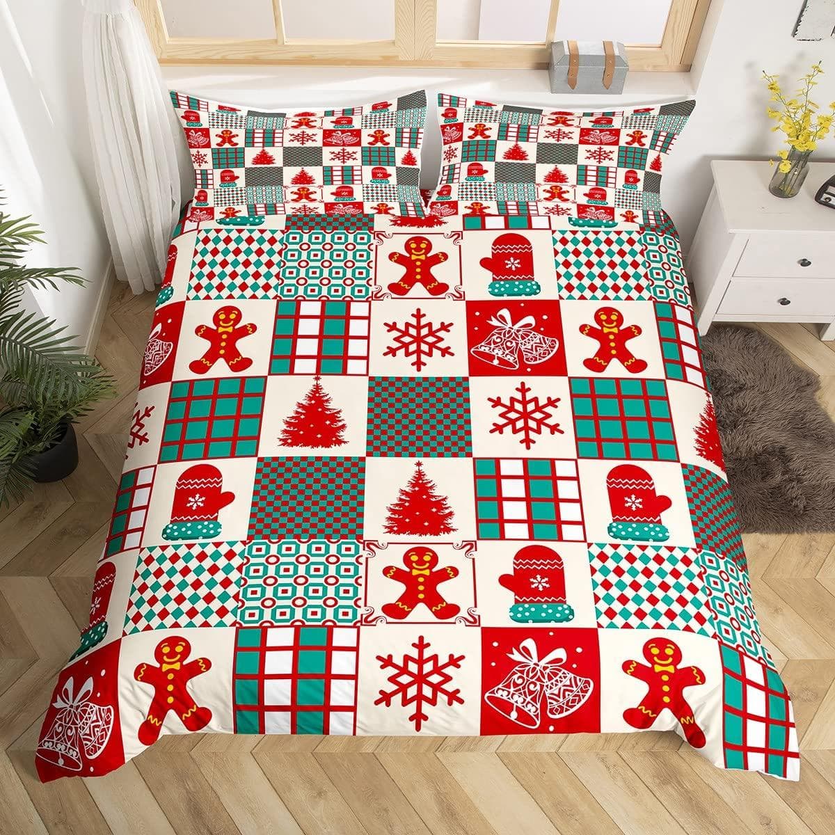 Gingerbread Man Xmas Theme Duvet Cover Christmas Comforter Cover Cartoon Snowman Christmas Tree Bedding Set Pink Quilt Cover EU Single 135x200cm