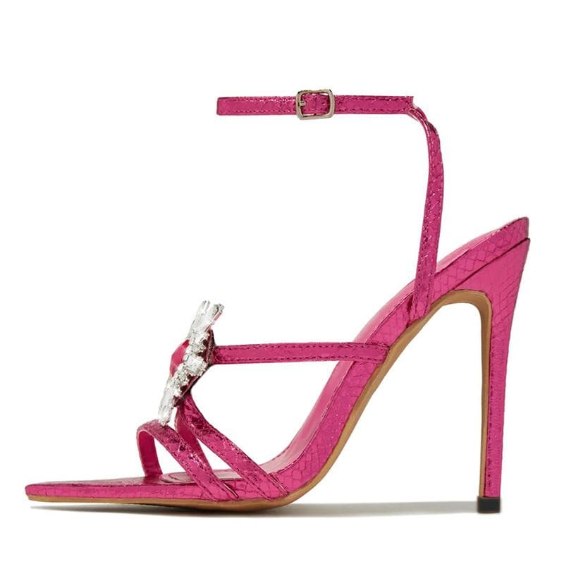 Liyke Designer Crystal Flower Buckle Narrow Band Gold Sandal Women Summer Shoes Sexy Serpentine Pointed Toe Party Stripper Heels 36