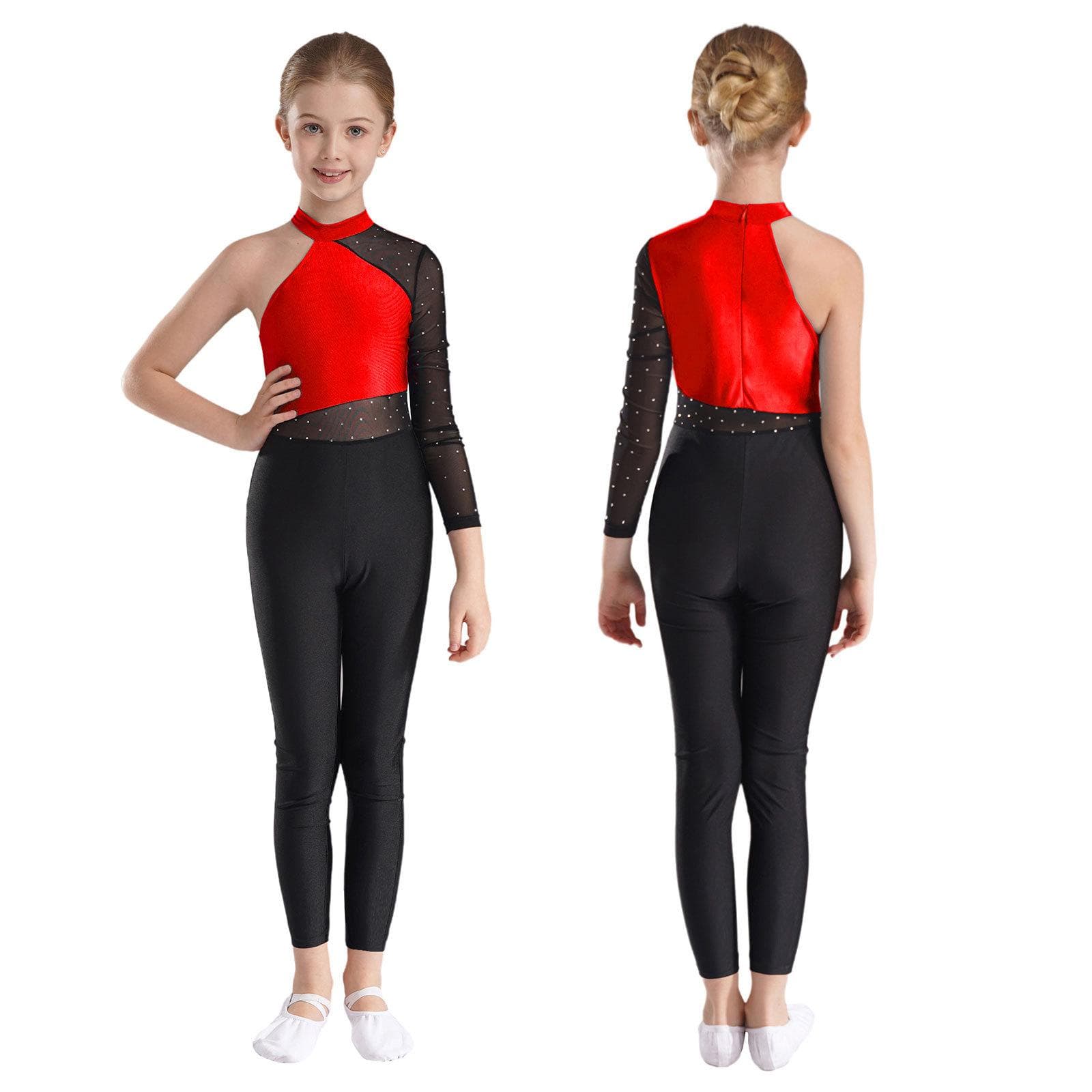 Girls One Mesh Sleeve Full Body Cover Jumpsuits Gymnastics Ballet Modern Dance Uniform Unitard Ice Skating Competition Costume 7-8 Years red