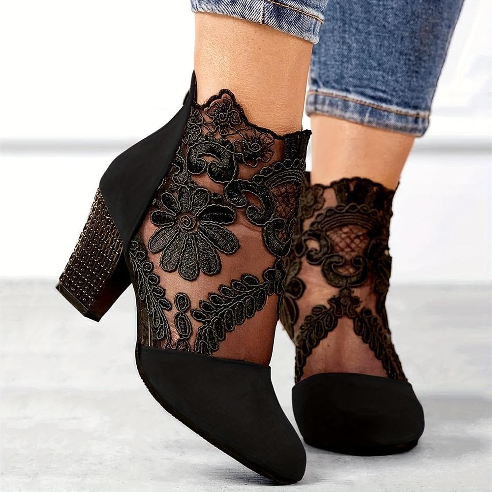 Fashionable Women's Floral Lace Ankle Boots with Pointed Toe and Chunky Heel - Versatile High Heeled Boots for Any Occasion 41 black