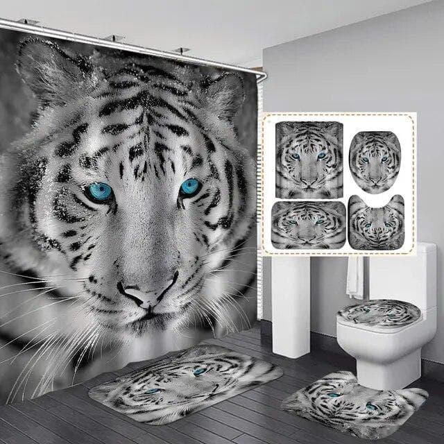 Black Tiger Animals Printed Shower Curtain Set Bathroom Bathing Screen Anti-slip Toilet Lid Cover Carpet Rugs Kitchen Home Decor 4Pcs
