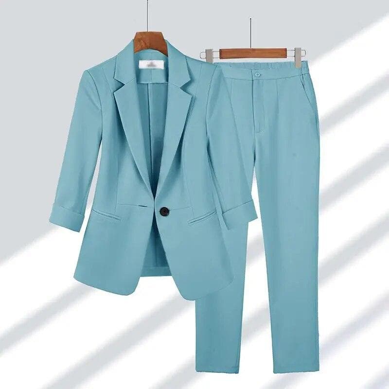 Women's Thin Office Suit Business Suit Jacket + Pants 2 Piece Set S blue