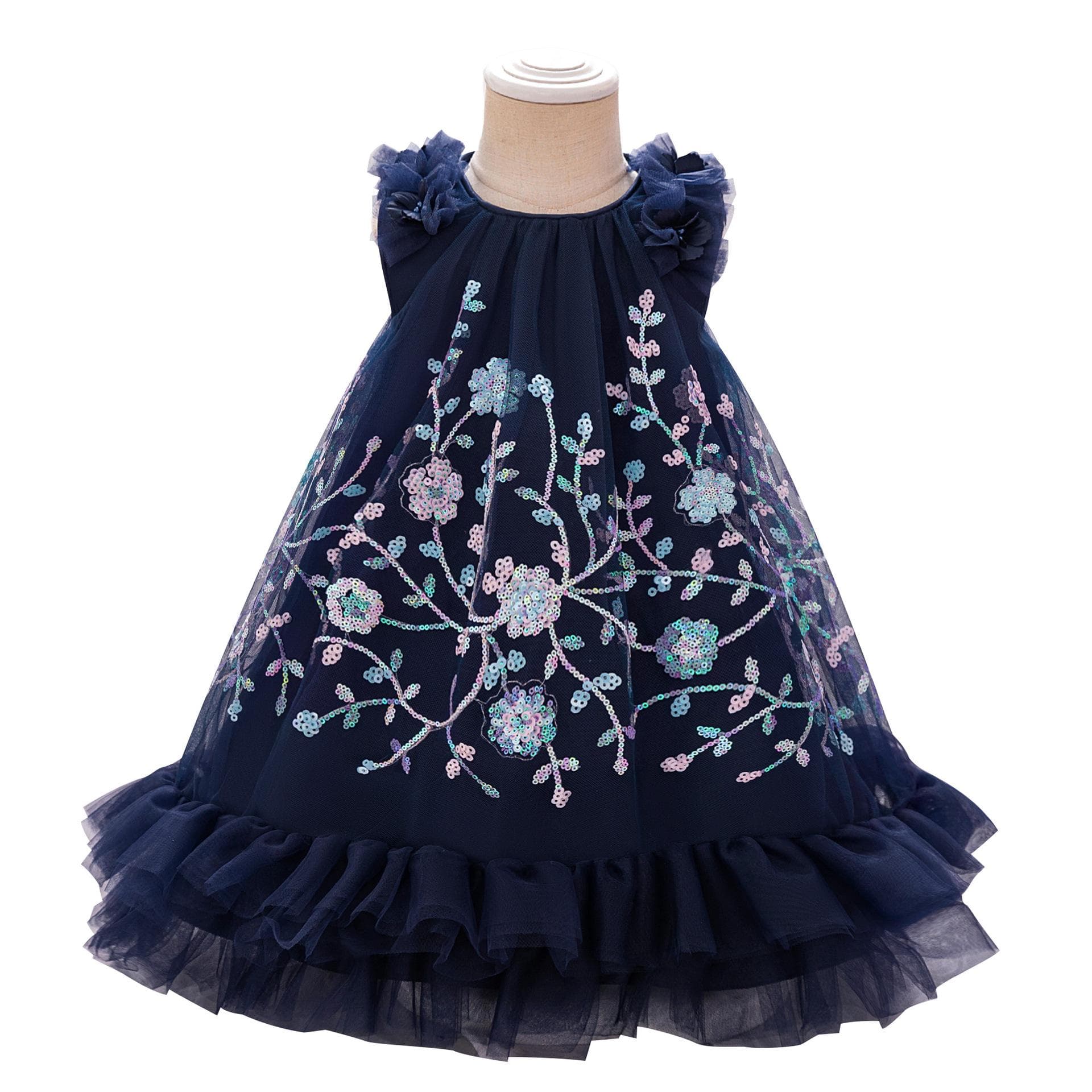 Girls Flower Embroidery Party Tutu Dress Kids Blue Christening Wedding Prom Dresses Girl Summer Fashion Children Holiday Clothes 100cm navy blue
