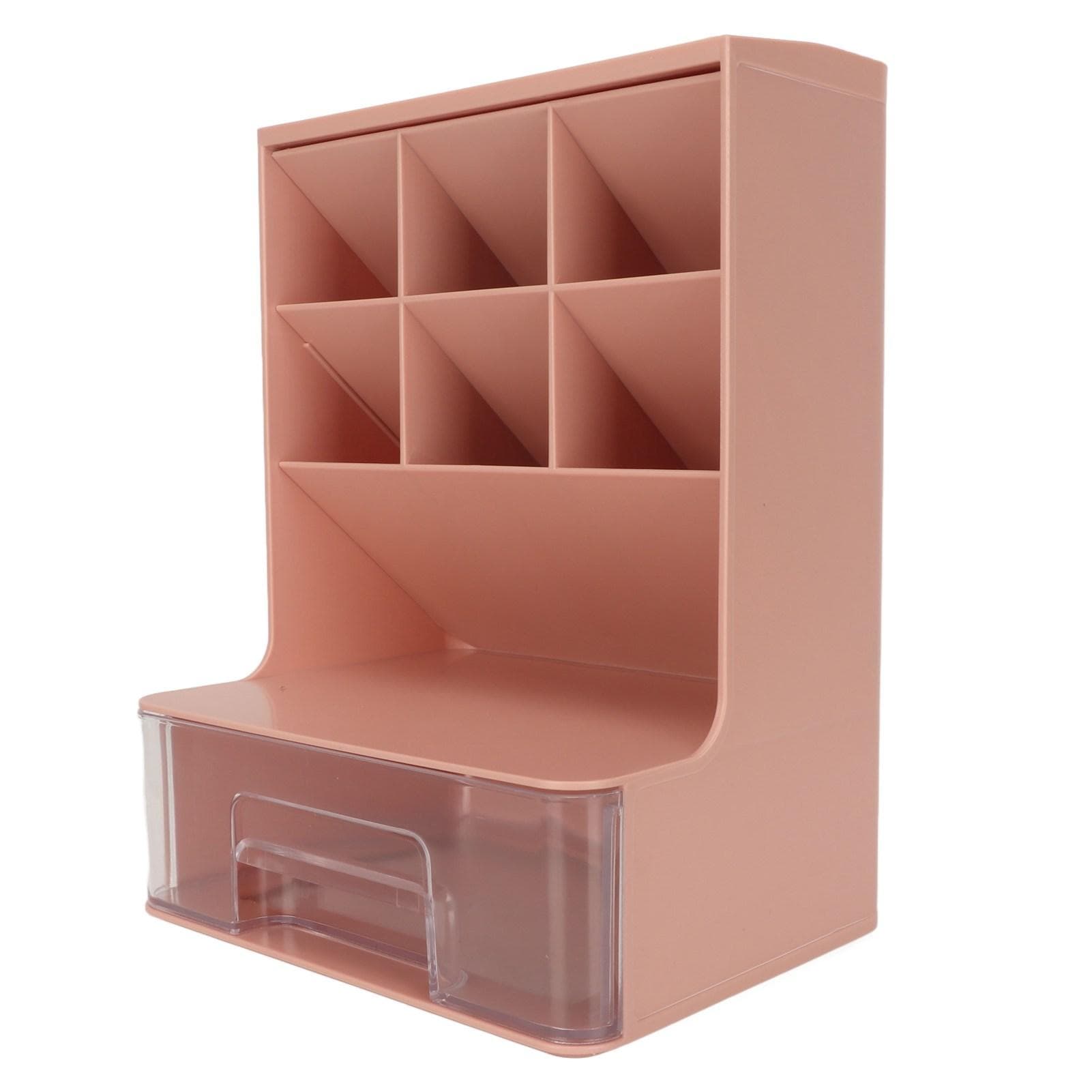 Slant Pen Organizer for Student with Drawer Large Capacity Rounded Corners Desktop Stationary transparent pink