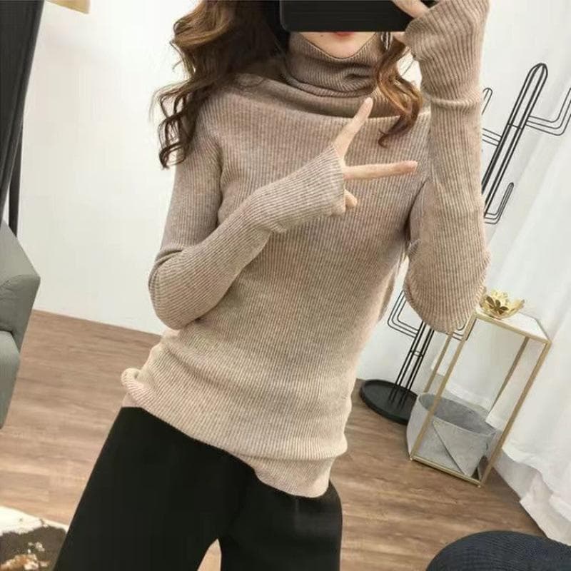 Women heaps collar Turtleneck Sweaters Autumn Winter Slim Pullover Women Basic Tops Soft Knit Sweater Soft Warm Jumper XL khaki beige
