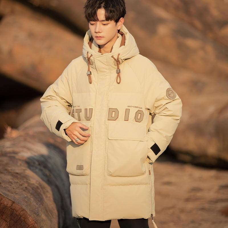 Men's Mid To Long Down Jacket Winter Letter Warm and Thick Hooded Winter Jacket 4XL khaki